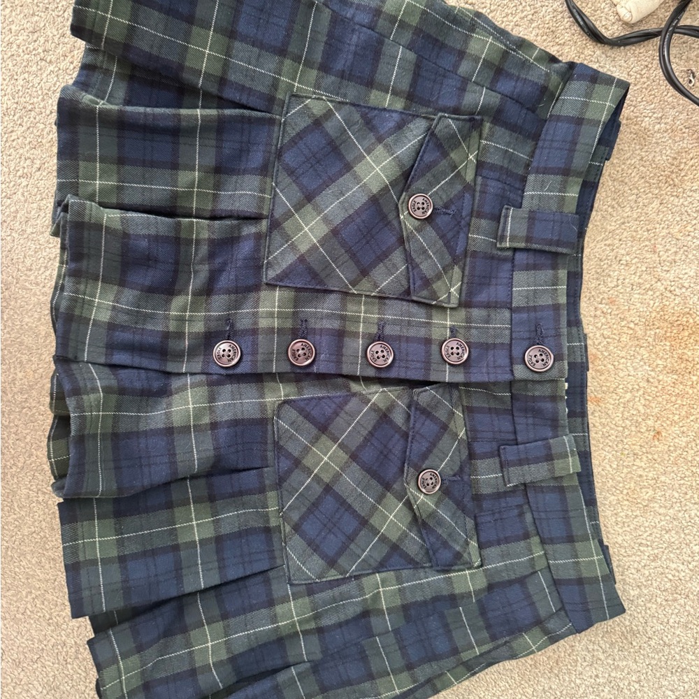 American Eagle Outfitters Navy and Forest Green Plaid Button-Front Mini Skirt